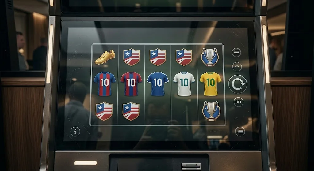 En spelautomats skärm med fotbollströjor med nummer tio, guldskor och pokaler som symboler.