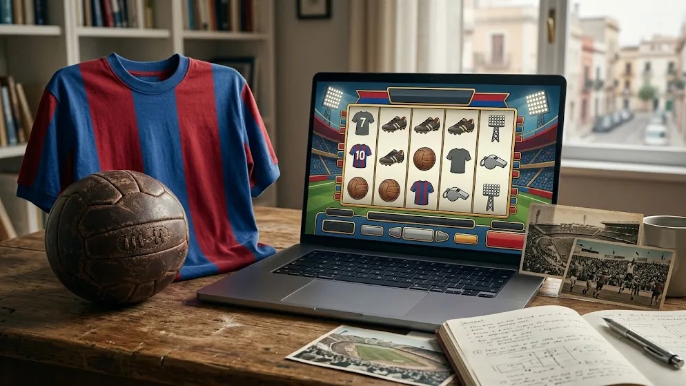 En randig fotbollströja och en gammal läderboll bredvid en bärbar dator som visar en slot med fotbollstema.